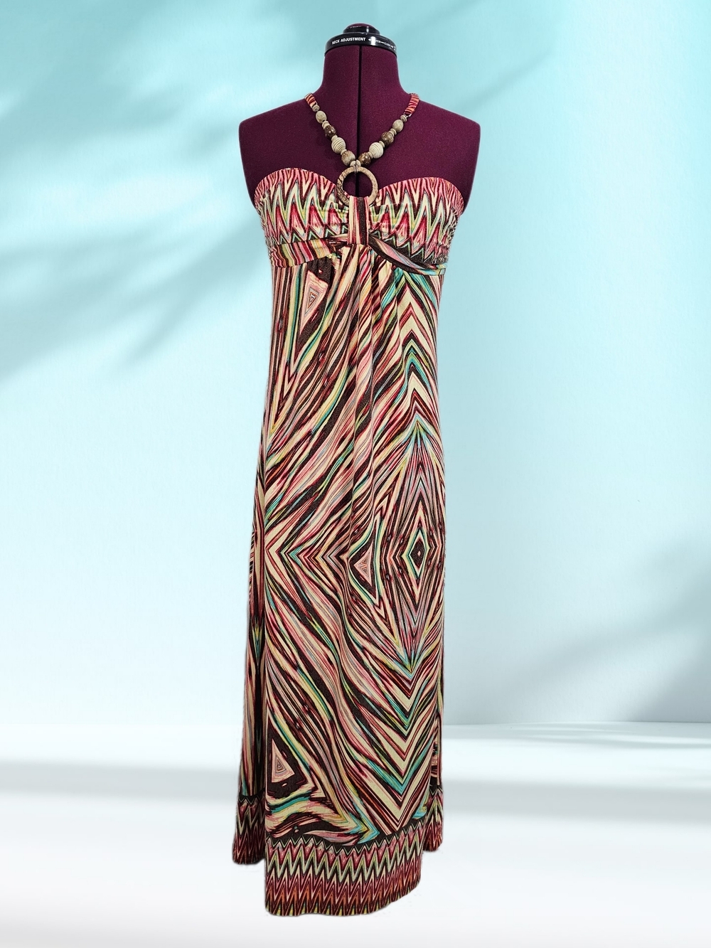 Sweatheart Boho Beaded Halter Strapless Geometric Chevron Print Maxi Dress